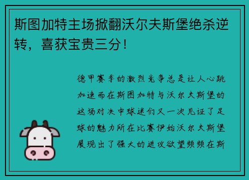 斯图加特主场掀翻沃尔夫斯堡绝杀逆转，喜获宝贵三分！