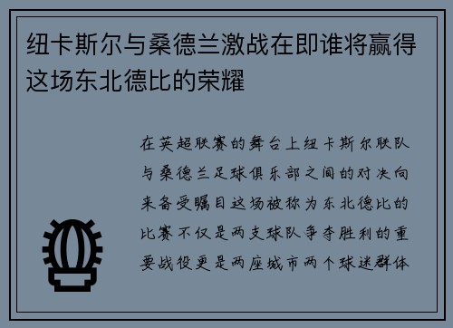 纽卡斯尔与桑德兰激战在即谁将赢得这场东北德比的荣耀